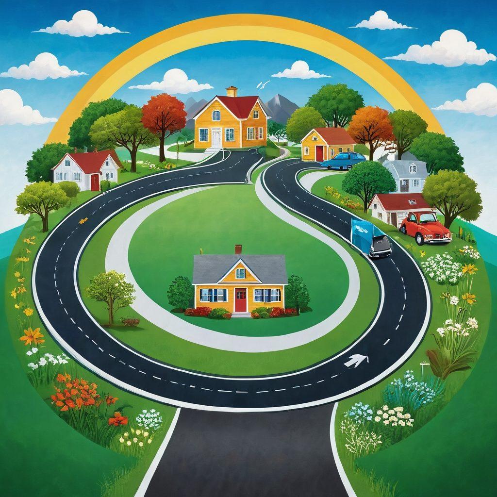 A metaphorical journey through life depicted as a winding path, with various milestones representing major life events like graduation, marriage, and retirement, each surrounded by symbols of different insurance policies (car, health, home). Bright colors and engaging visuals make it inviting and informative. The sky transitions through the seasons, symbolizing change, while a compass points to 'Comprehensive Coverage.' vibrant colors. super-realistic.