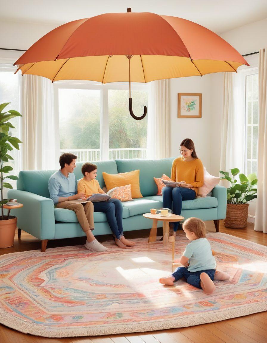 A warm, inviting family scene featuring a cozy living room with parents playing with their children. Above them, a protective umbrella symbolizing insurance, with gentle light illuminating the space, representing safety and security. Include soft colors to evoke a sense of comfort and love. cartoon-style. vibrant colors. white background.