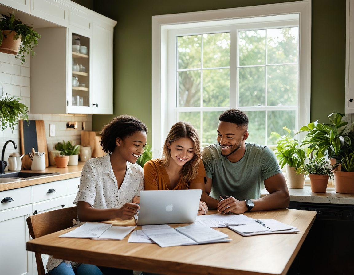 A young couple happily reviewing their insurance options together at a cozy kitchen table, with paperwork, a laptop, and a coffee cup in front of them. Soft sunlight streams through a window, illuminating family photos and plants in the background. In another corner, a bright, playful child is seen drawing, symbolizing family life. The scene conveys warmth, security, and positivity. super-realistic. vibrant colors. cozy atmosphere.